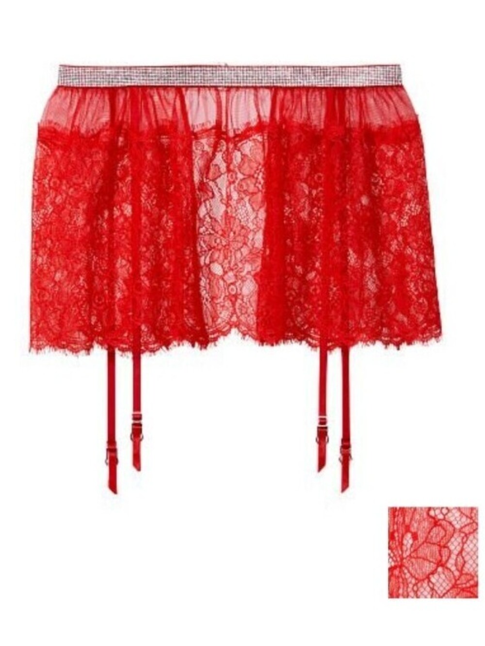 VICTORIA'S SECRET VERY SEXY RED LACE SHINE STRAP RHINESTONE GARTER SKIRT XS/S